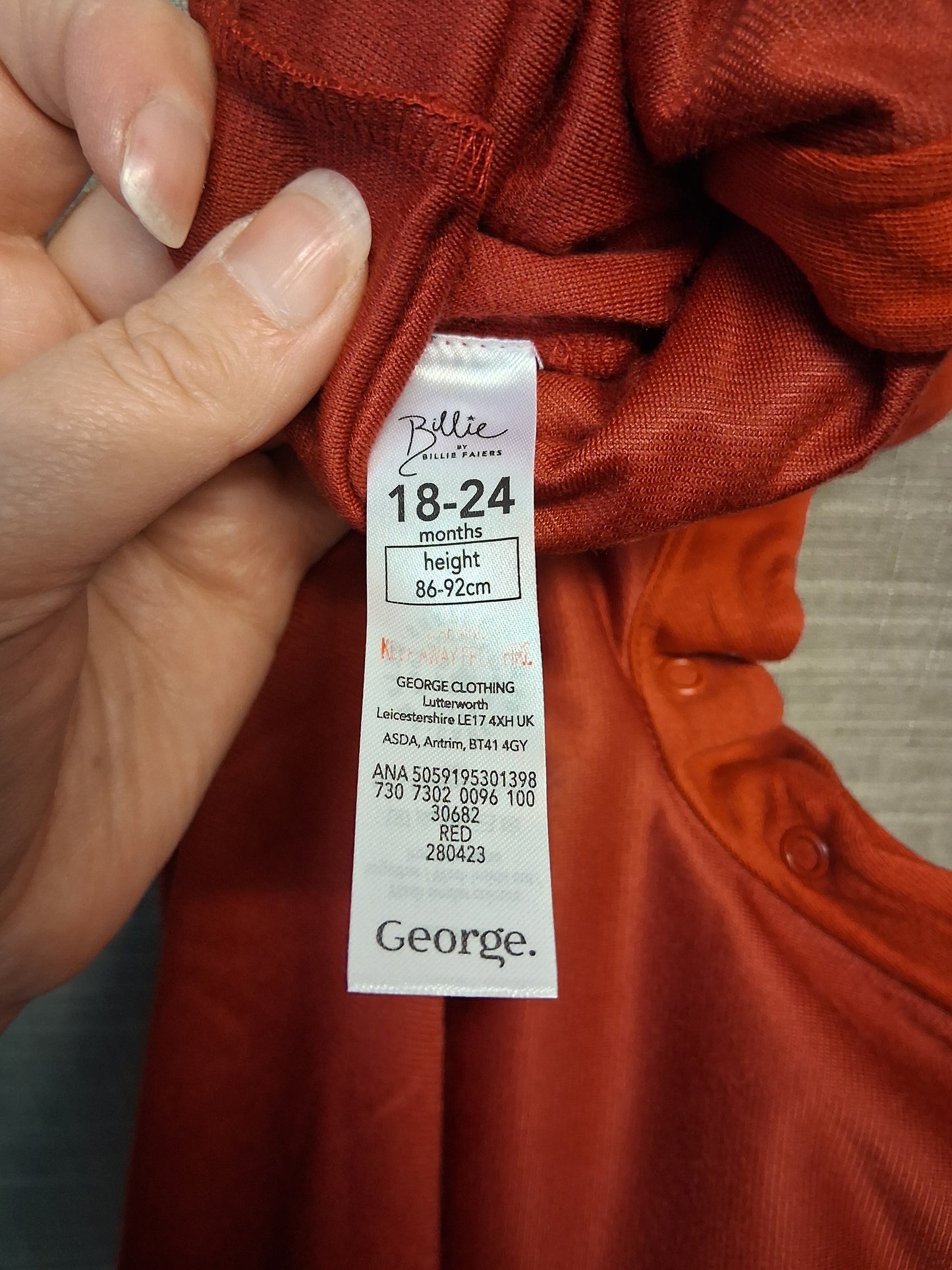 Billie Faiers George Velour Sleepsuit Red Age 18-24 Months New