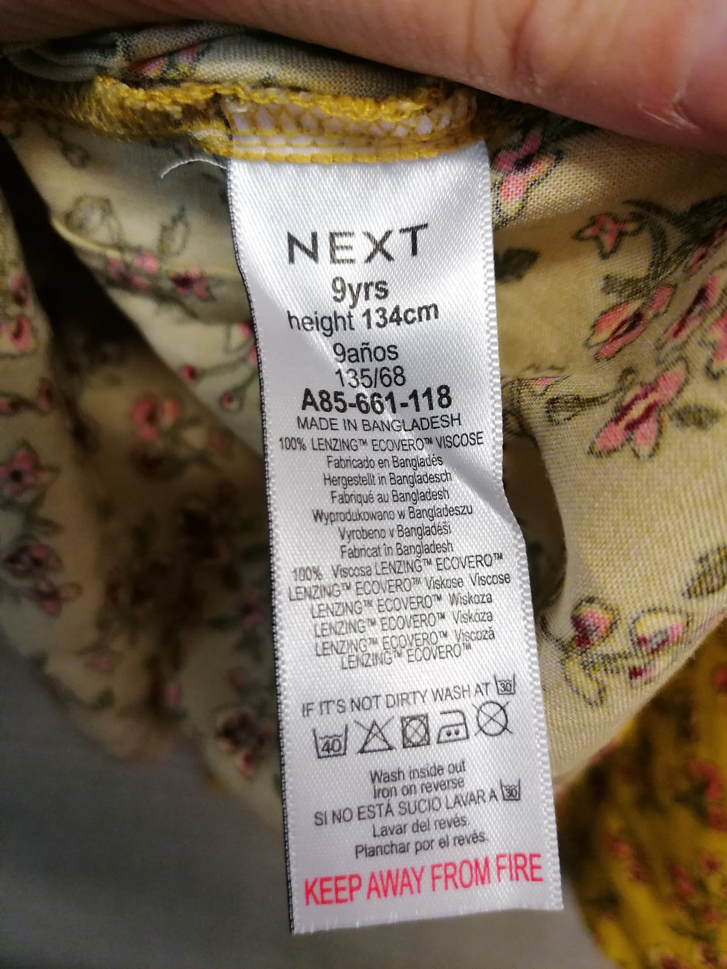 Next Girls Mustard Floral Long Sleeve Dress 9 years New