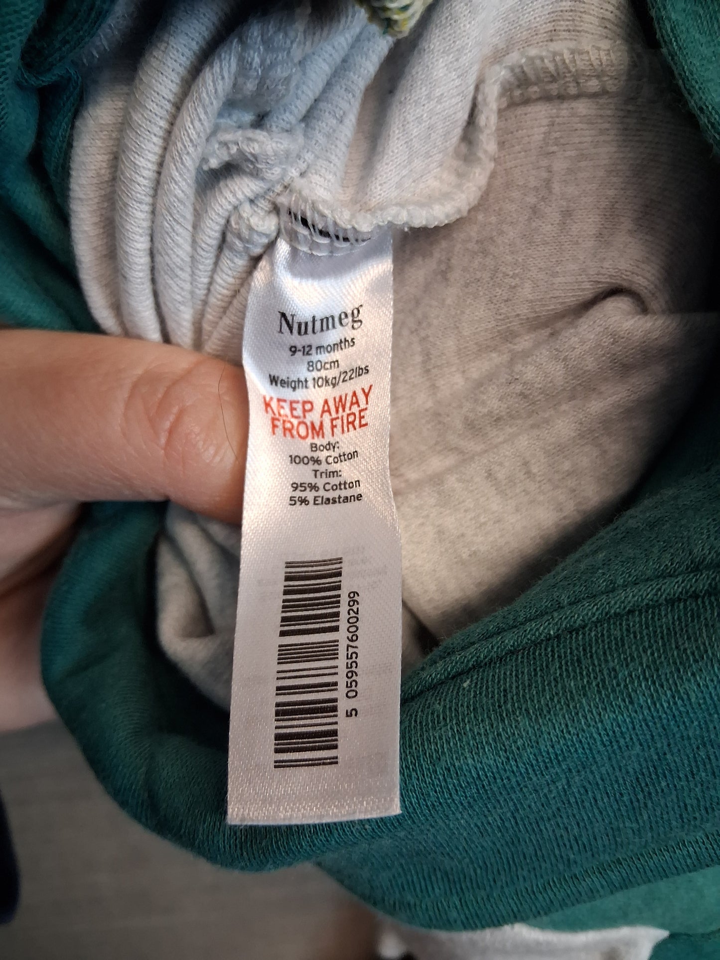 Nutmeg Boys Grey Green One Piece Sleepsuit Age 9-12 Months