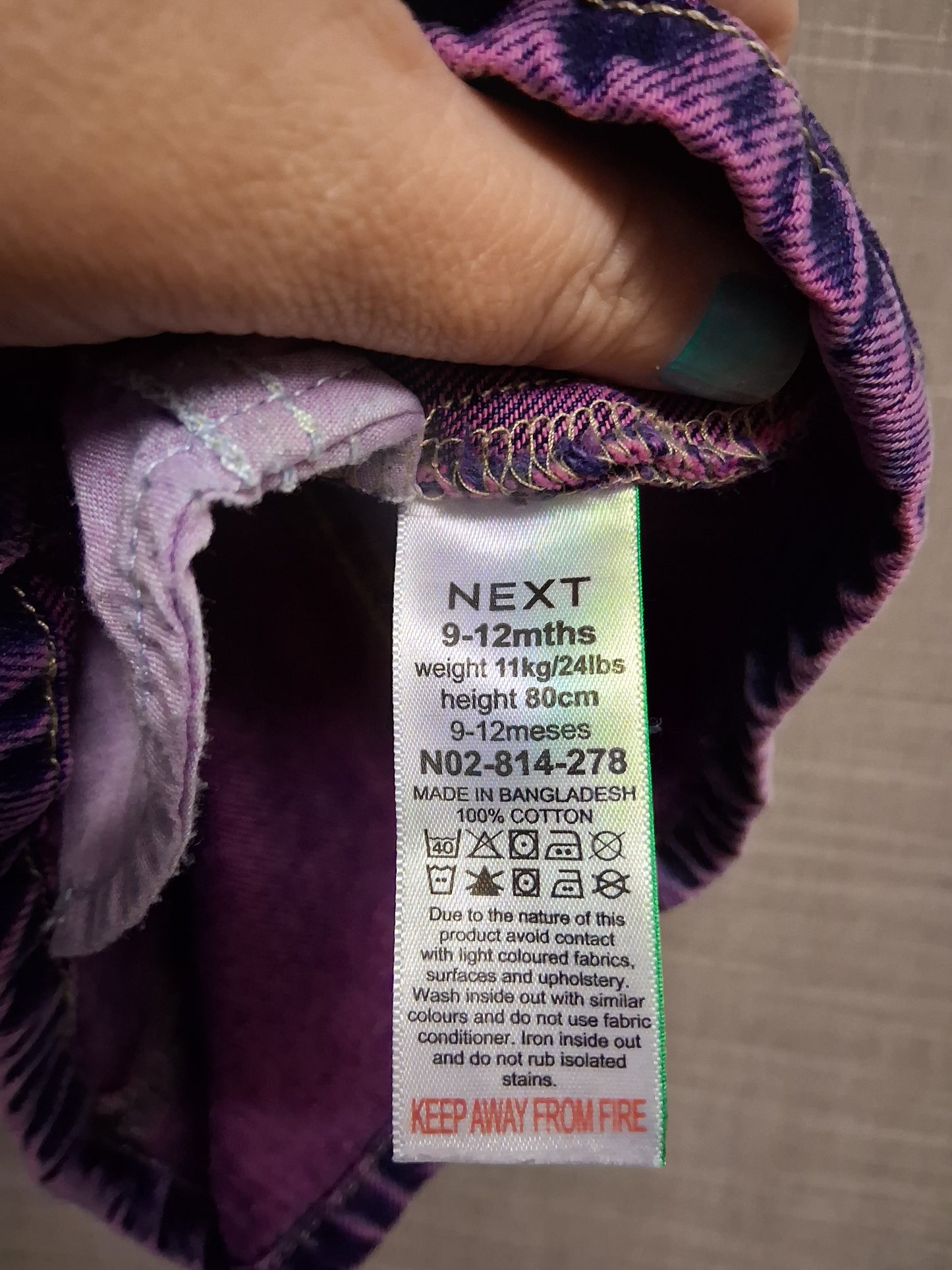Next Purple Denim Pinafore Dress Age 9-12 months