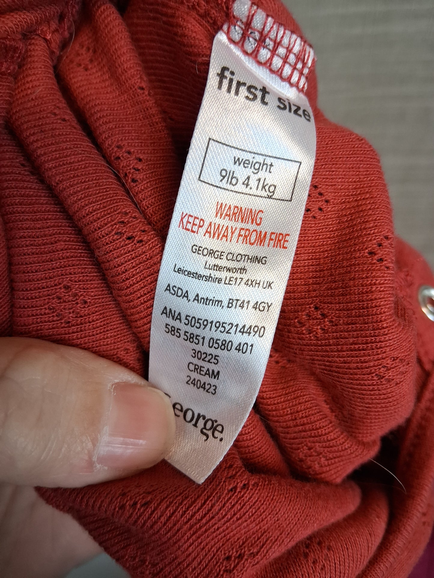 George Girls Red Sleepsuit Age Tiny Baby