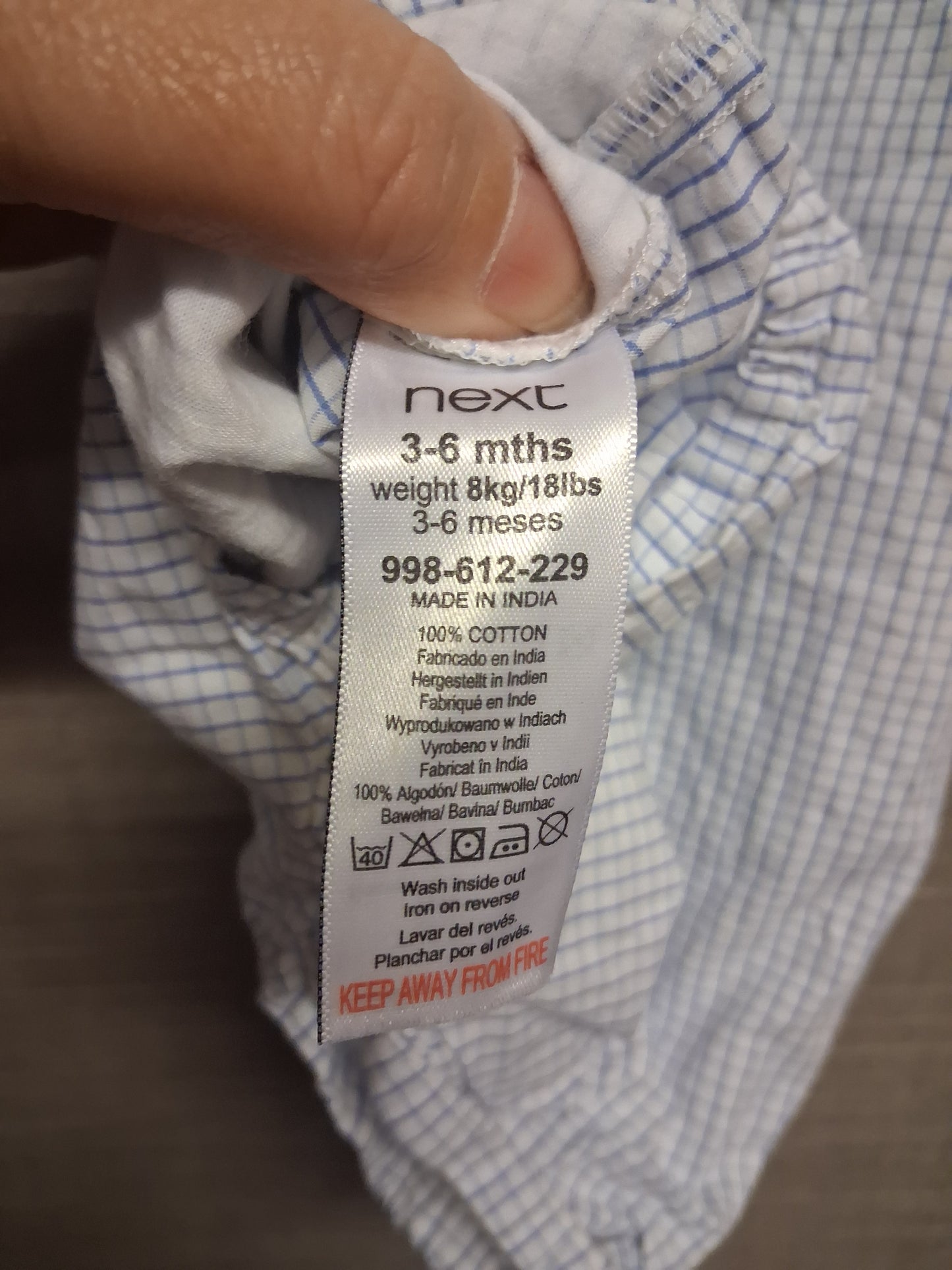 Next Boys Cotton Blue White Check Romper Embroidered Detail Short Sleeve Age 3-6 Months