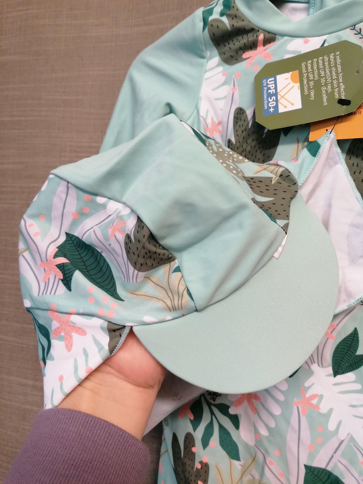 Umelok UV Swimsuit Set All in One Hat 18-24 Months Green Tropical Print New