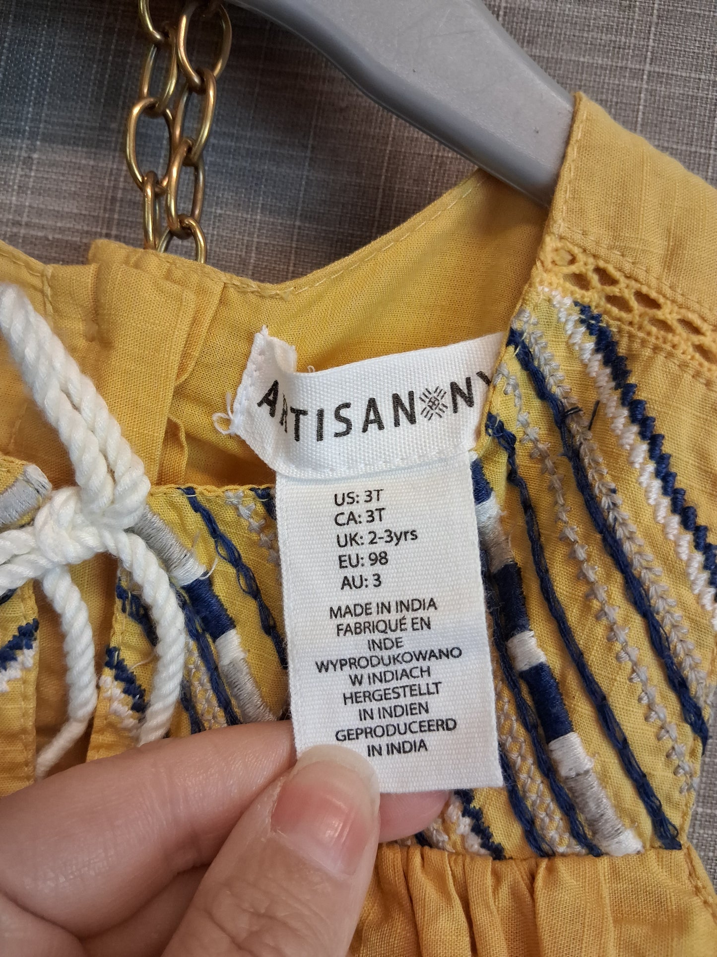 Artisan NY Girls Yellow Embroidered Tunic Dress Lined Sleeveless Age 2-3 Years