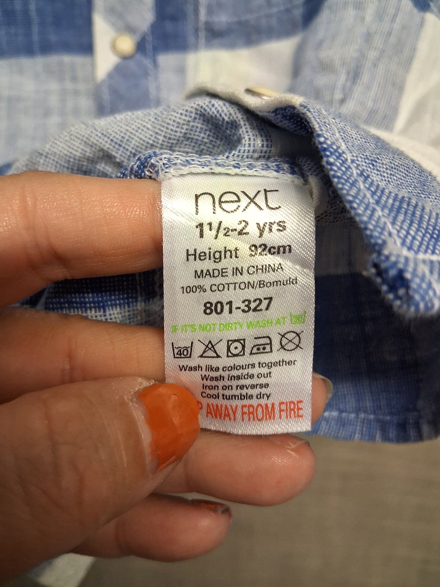 Next Boys Blue Check Short Sleeve Shirt Snap Fastening Age 18-24 Months