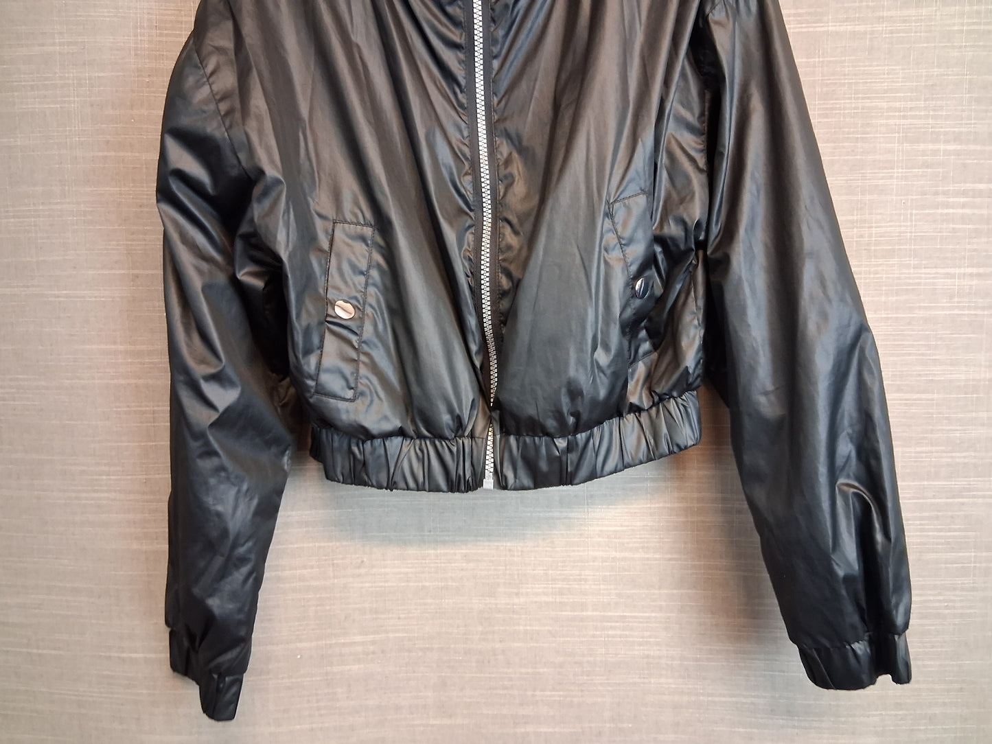 Peacocks Miss E-Vie Girls Black Shiny Cropped Jacket With Hood Age 9-10 Years