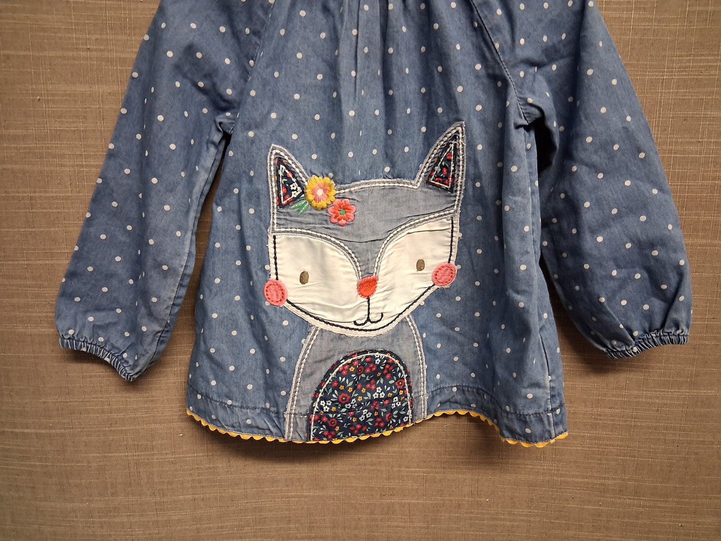 Mothercare Girls Blue Denim Long Sleeve Top Cat Patchwork Age 18-24 Months