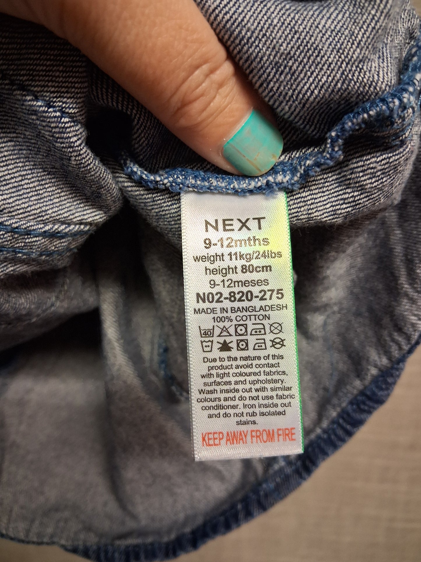 Next Girls Denim Jumper Dress Rainbow Detail Age 9-12 Months