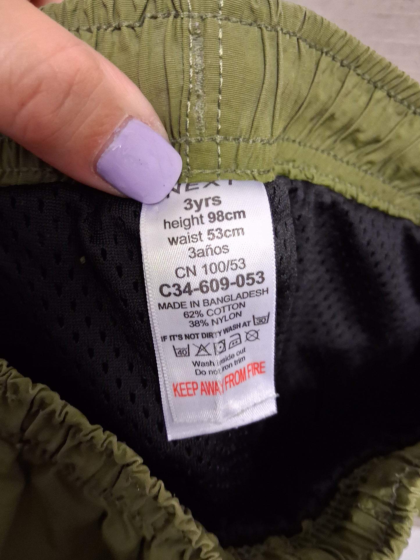 Next Boys Green Cargo Trousers Lined Age 3 Years