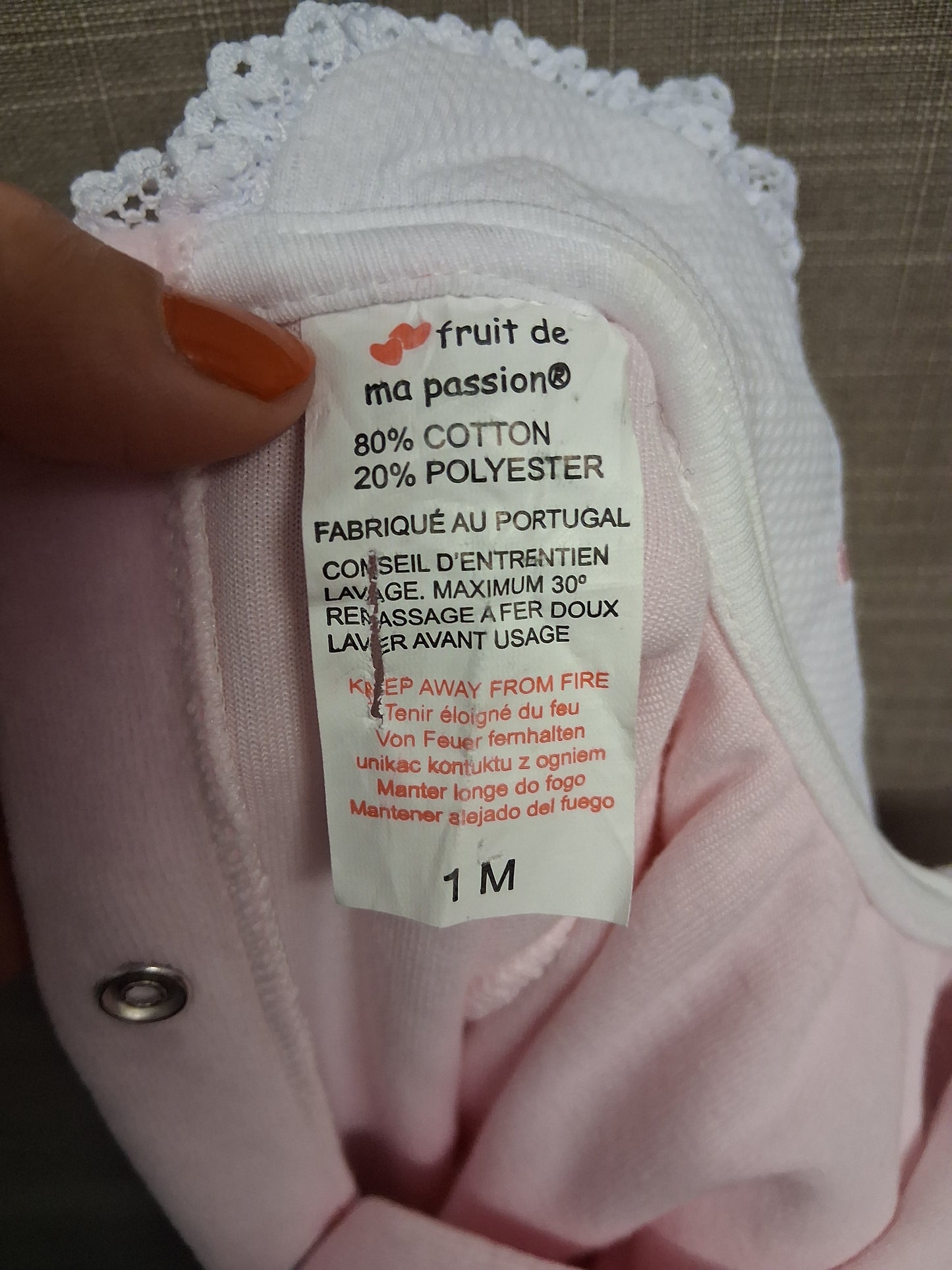 Fruit de ma Passion Girls Pink Tradition Velour Sleepsuit All in One with Bib Collar Age 1 Month