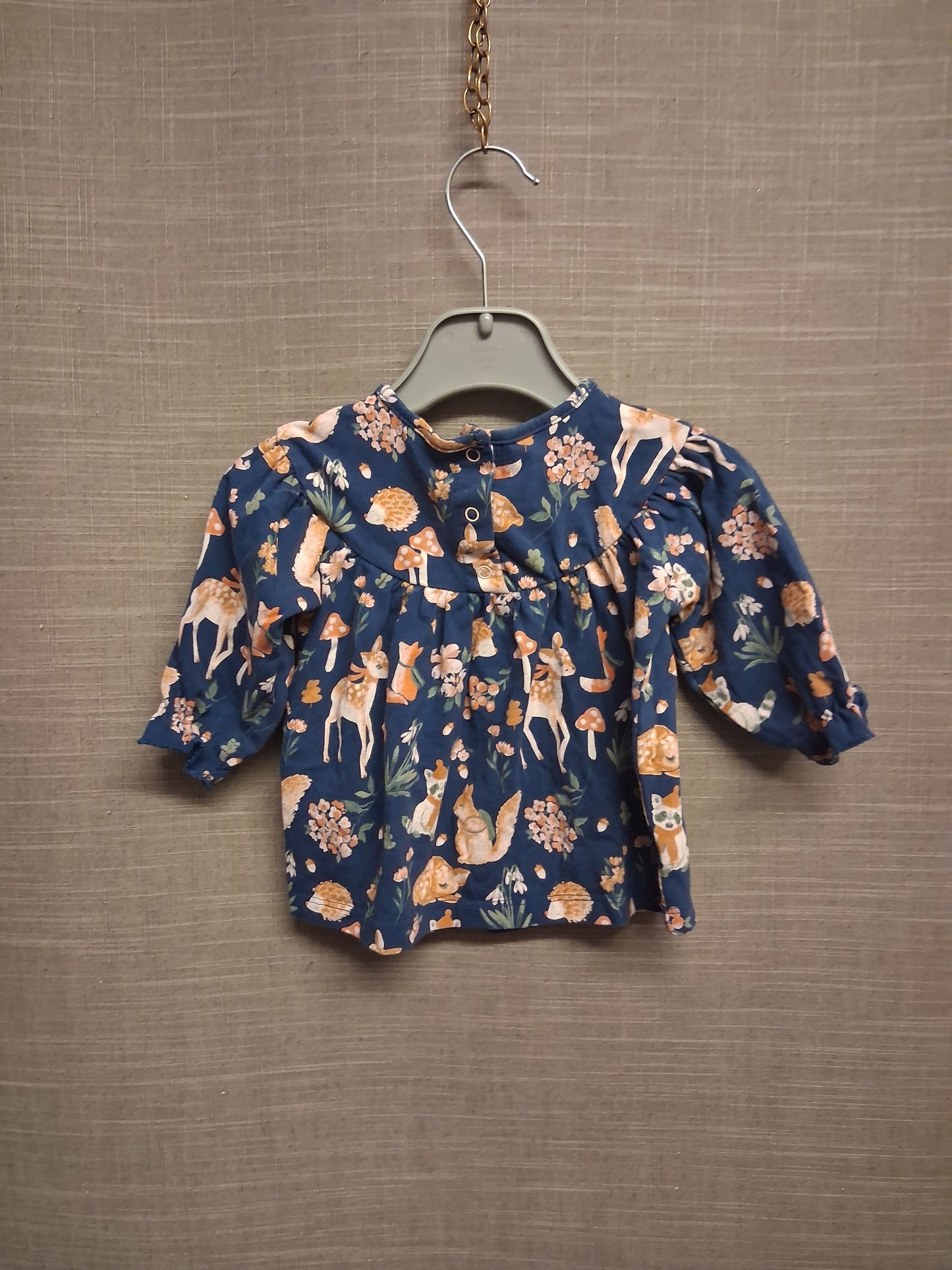 Next Girls Blue Long Sleeve T-Shirt Woodland Animal Theme Age 3-6 Months