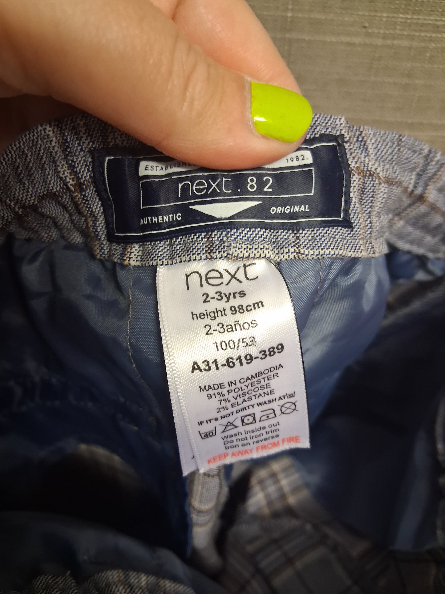 Next Boys Grey Blue Check Jogger Trousers Age 2-3 Years Elastic Waist