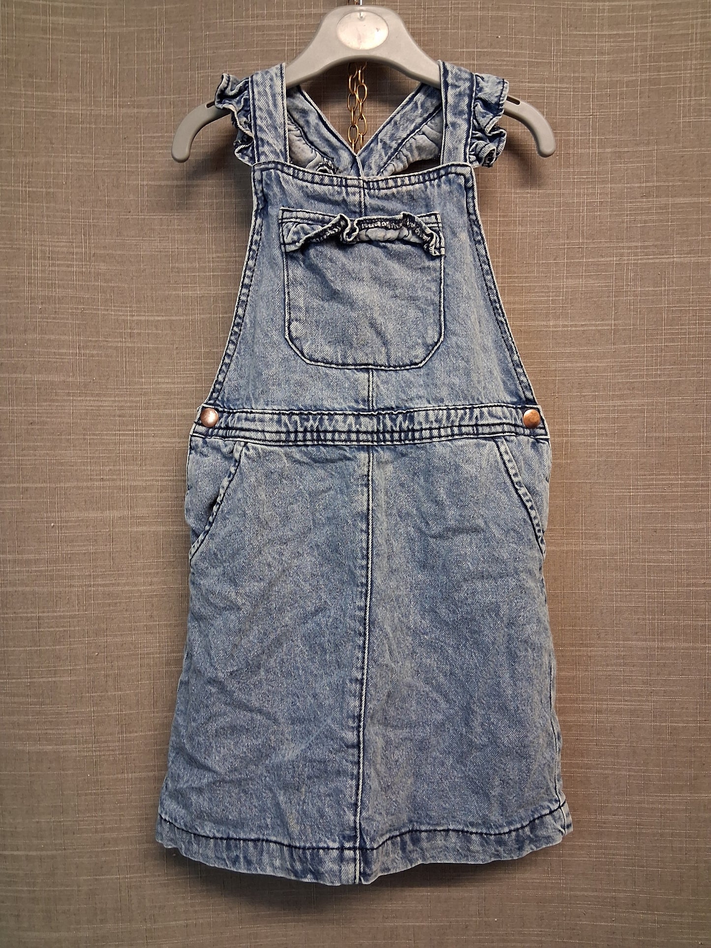 Girls Denim Blue Pinafore Dress Pocket on Front Age 5-6 Years