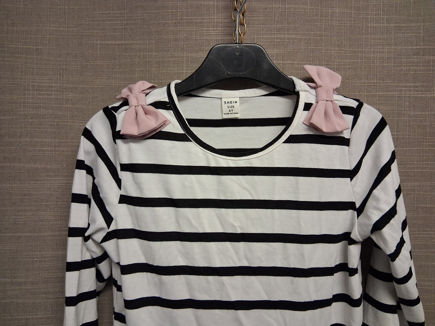 Shein Black White Striped Long Sleeve T-Shirt Pink Bow Detail Age 6 Years