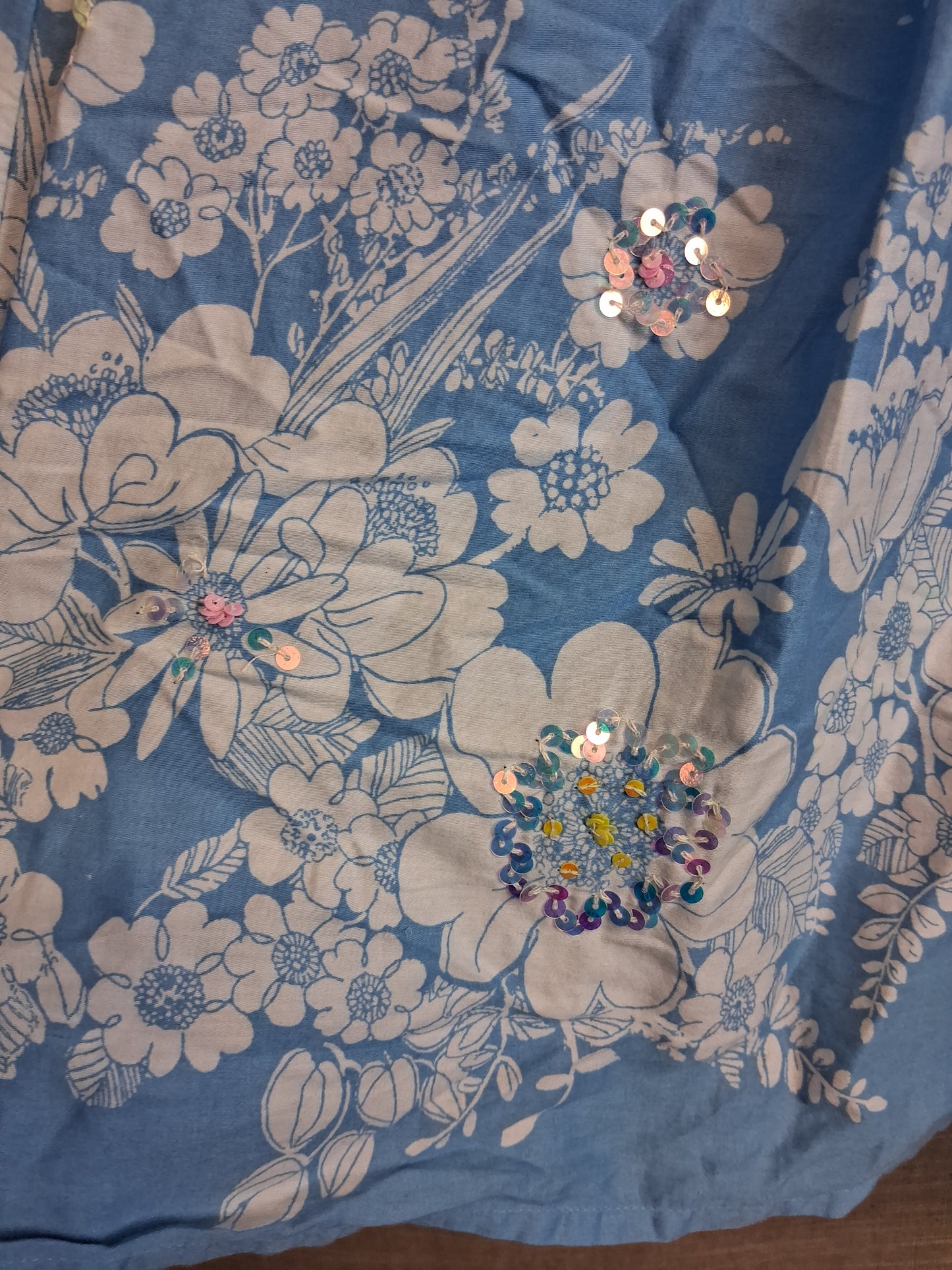 Monsoon Girls Blue Floral Sleeveless Dress Age 8 Years Cotton Sequins