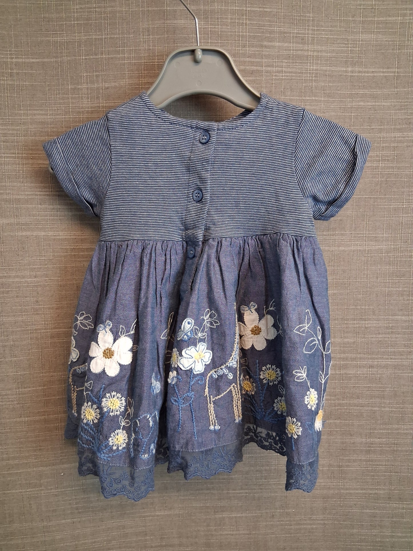Next Girls Blue Giraffe Embroidered Short Sleeve Dress Age 0-3 Months