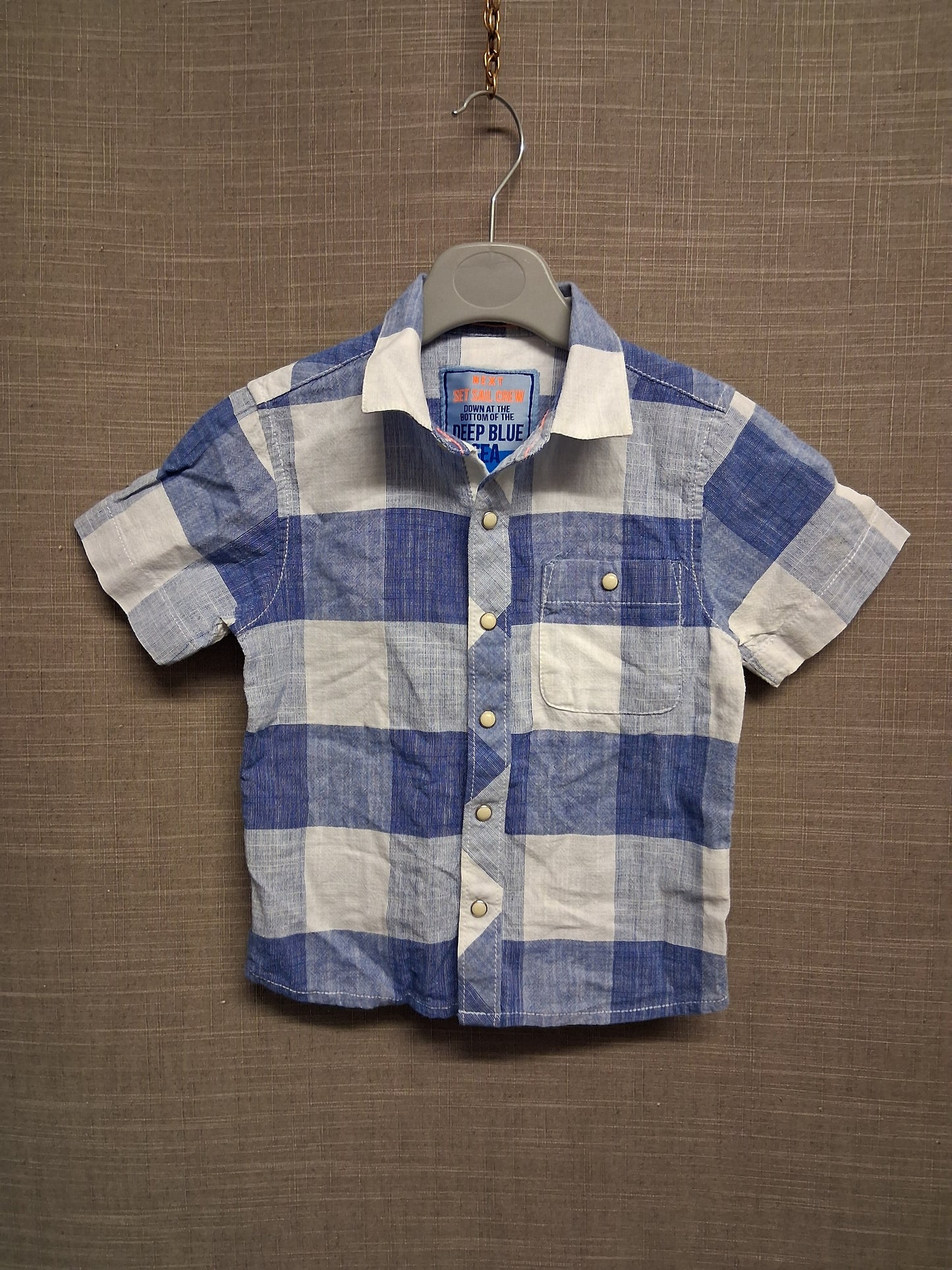 Next Boys Blue Check Short Sleeve Shirt Snap Fastening Age 18-24 Months