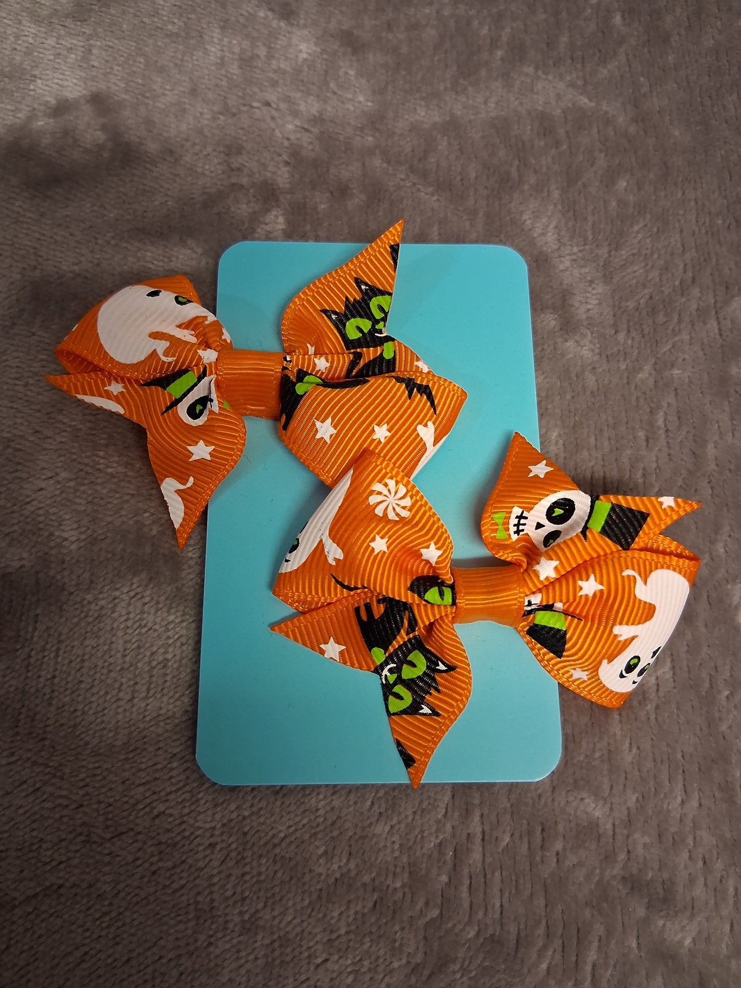 Halloween Theme Orange Cat & Skeletons Hair Bow Clips X2