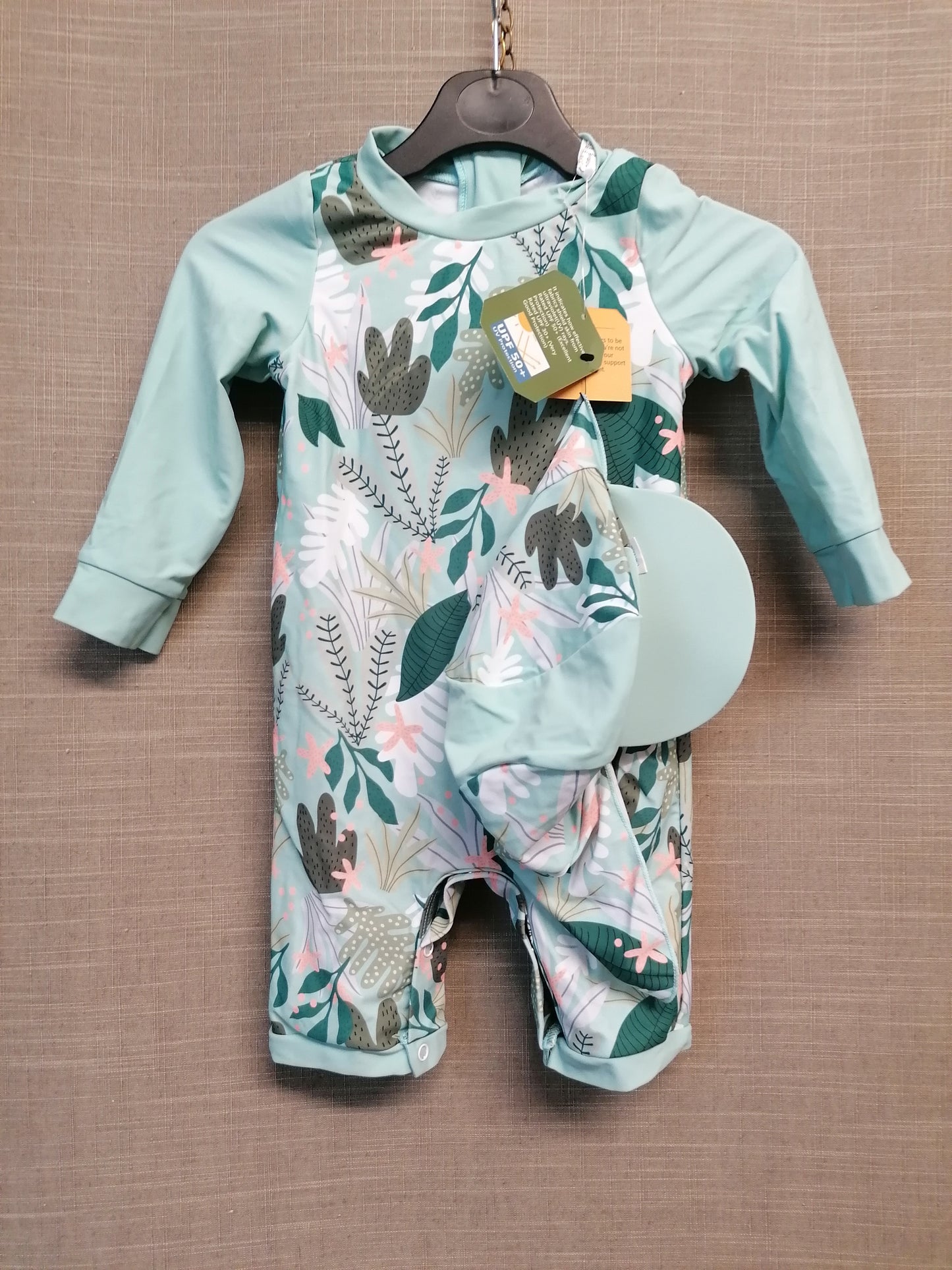 Umelok UV Swimsuit Set All in One Hat 18-24 Months Green Tropical Print New