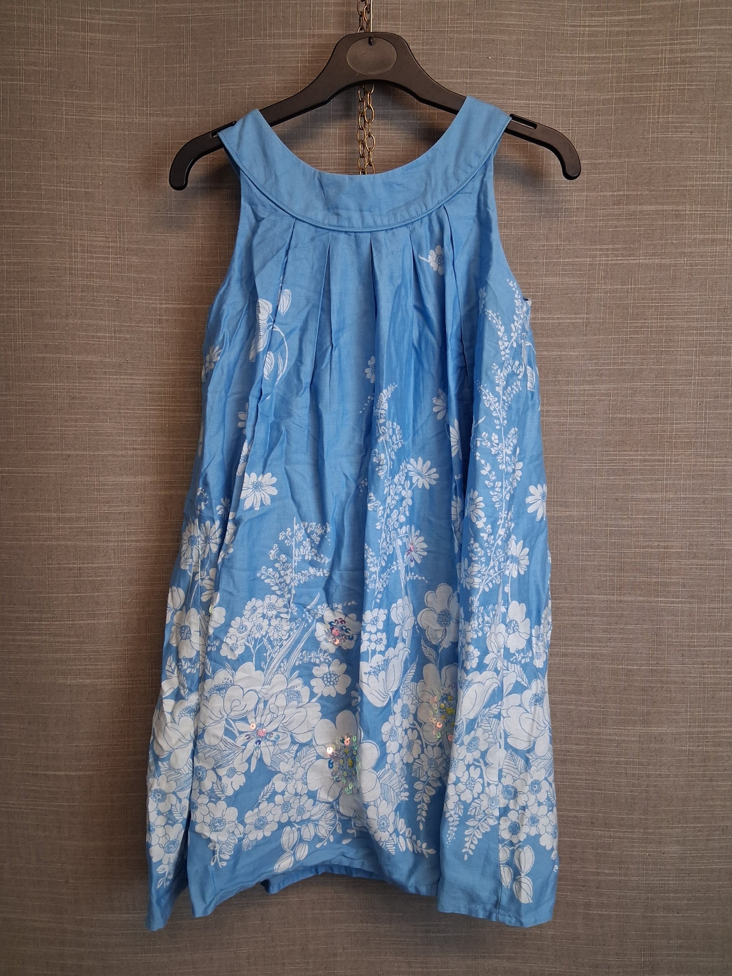 Monsoon Girls Blue Floral Sleeveless Dress Age 8 Years Cotton Sequins