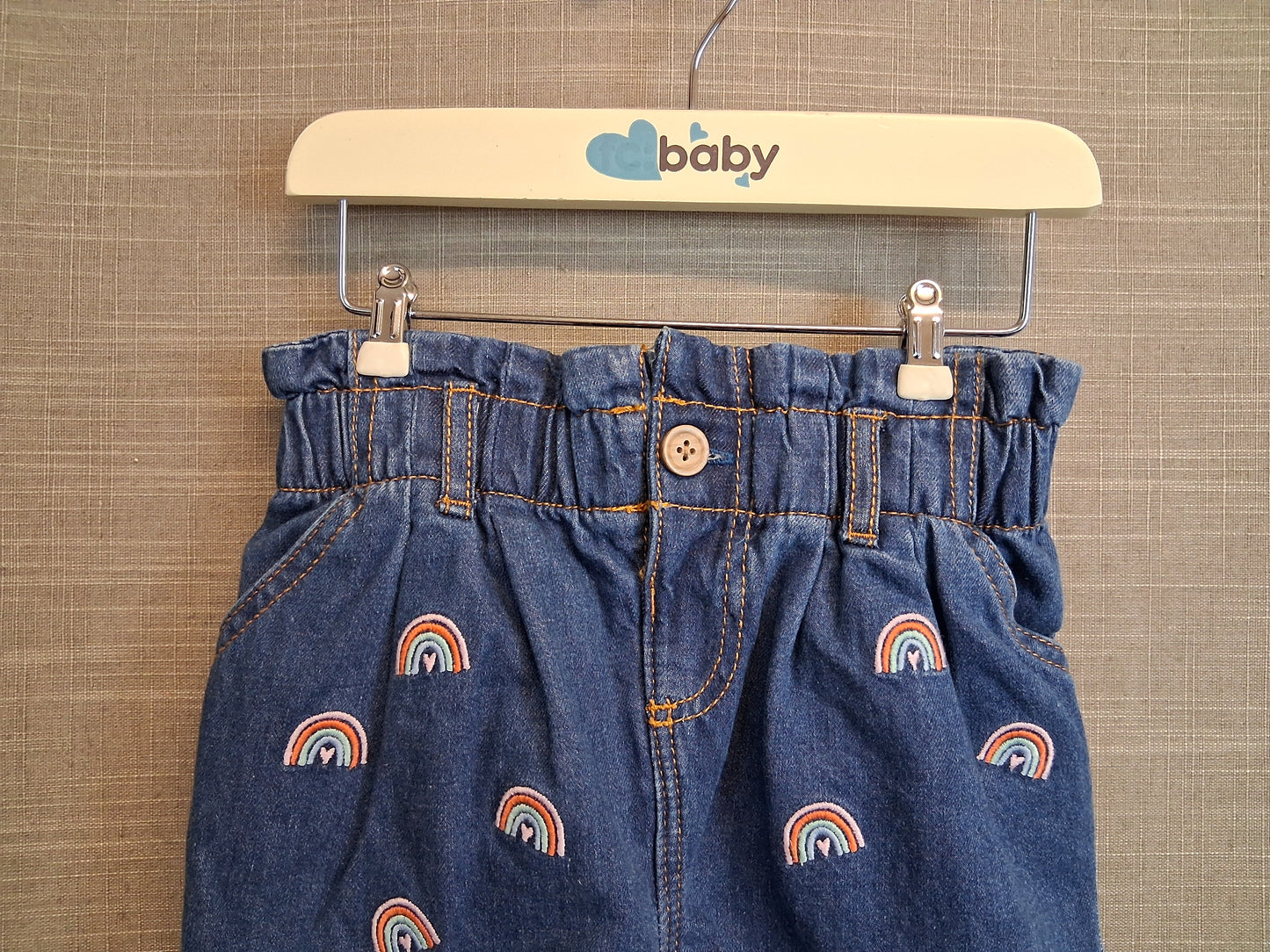TU Girls Blue Denim Paperbag Shorts Rainbows Age 18-24 Months