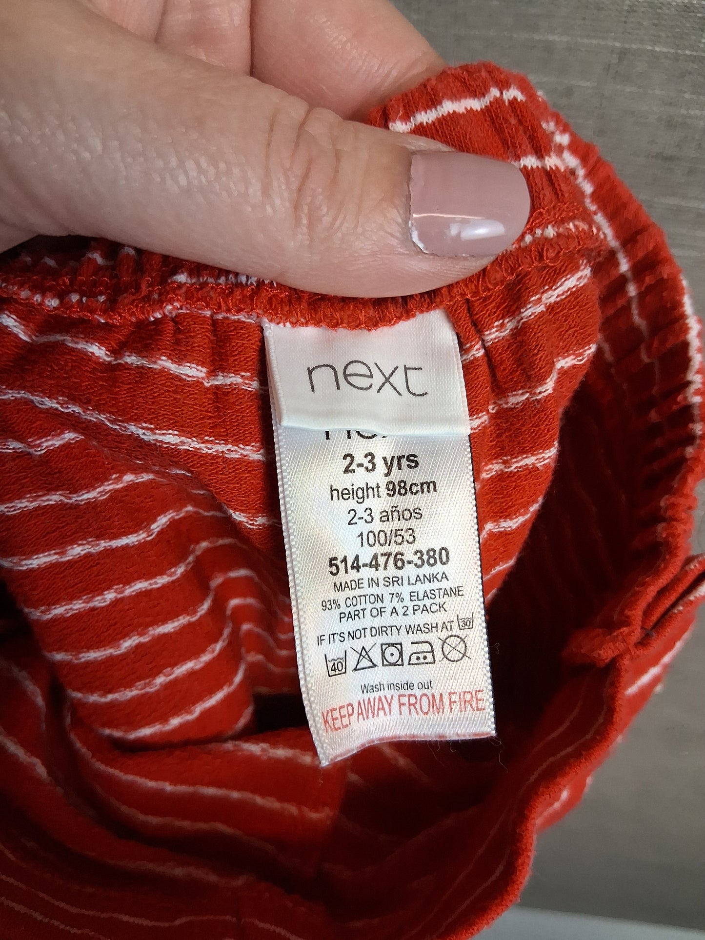 Next Girls Red Striped Jersey Shorts Age 2-3 Years Buttons