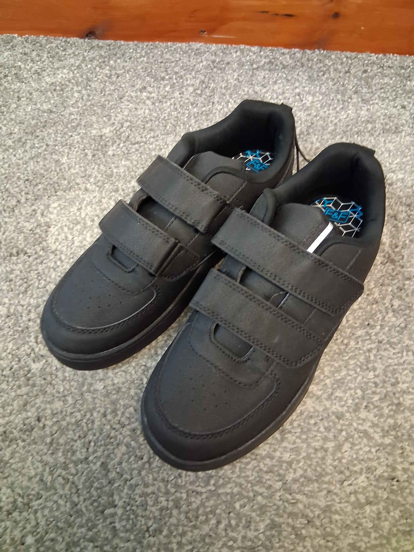 F&F Boys Black School Shoes Double Strap Size 4 Faux Leather New