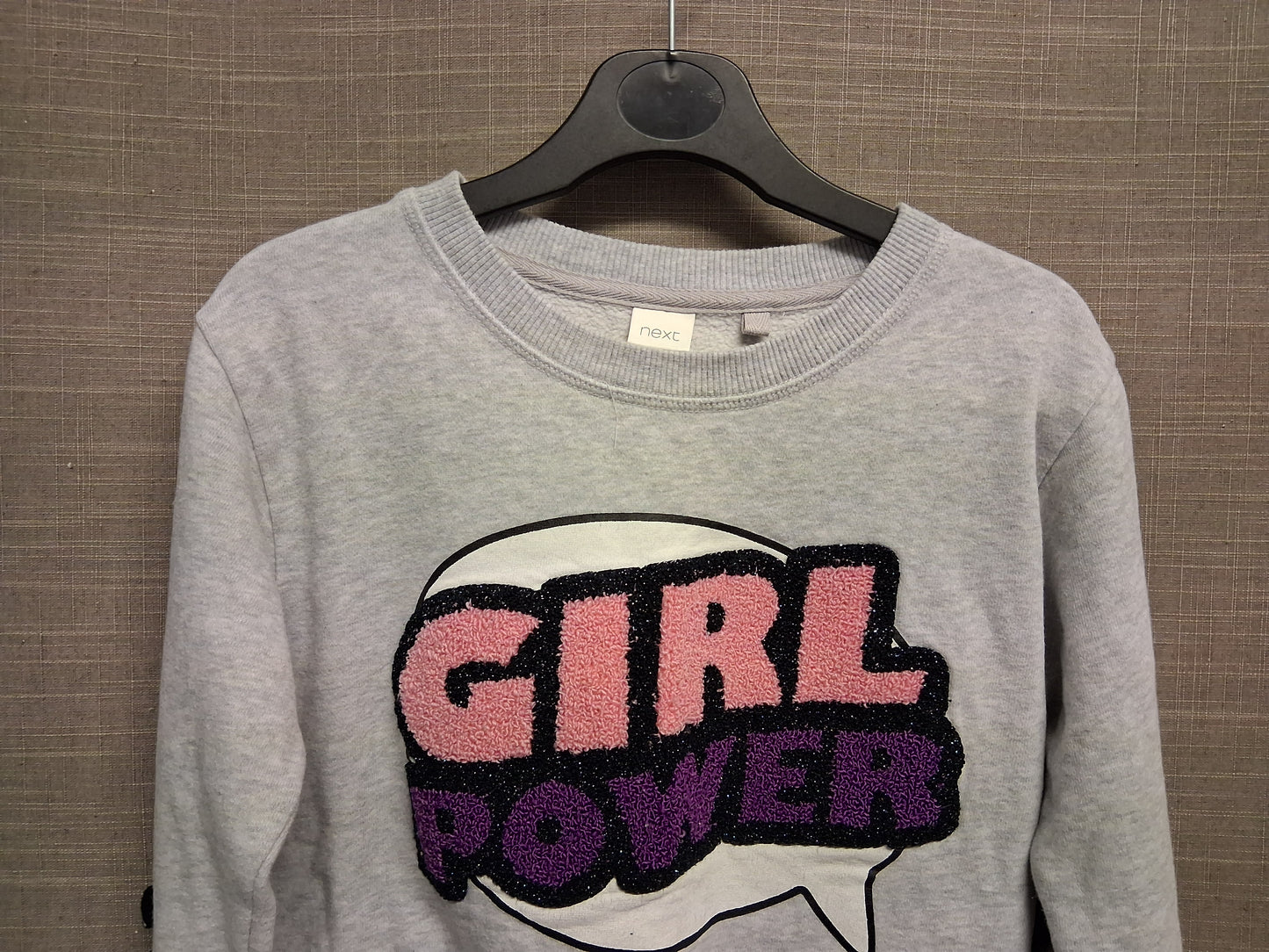 Next Girls Sweater Jumper "Girl Power" Grey Lace Detail on Sleeve Age 9 Years