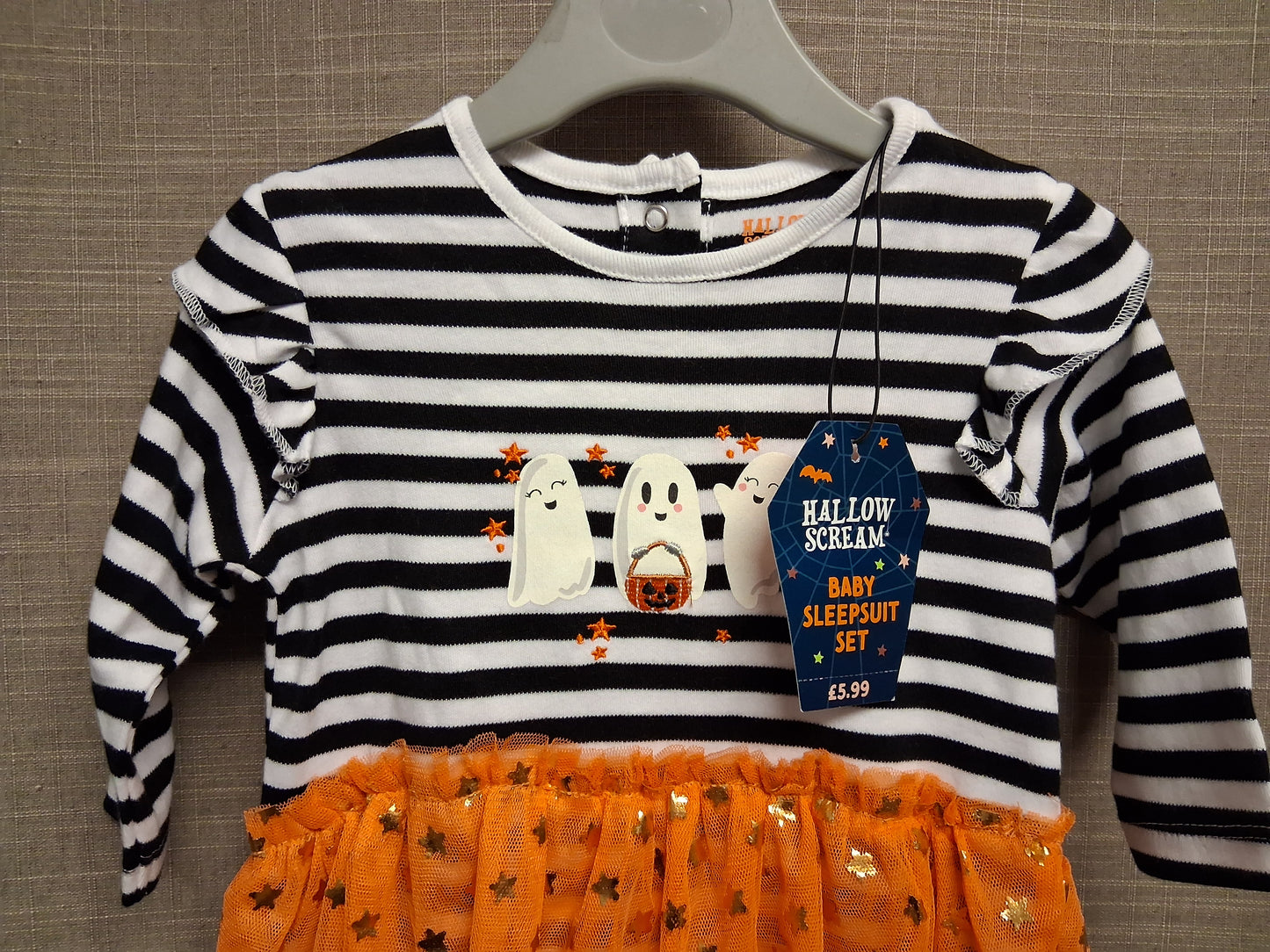 Hallowscream Girls Sleepsuit Halloween Black White Striped Age 0-3 Months New
