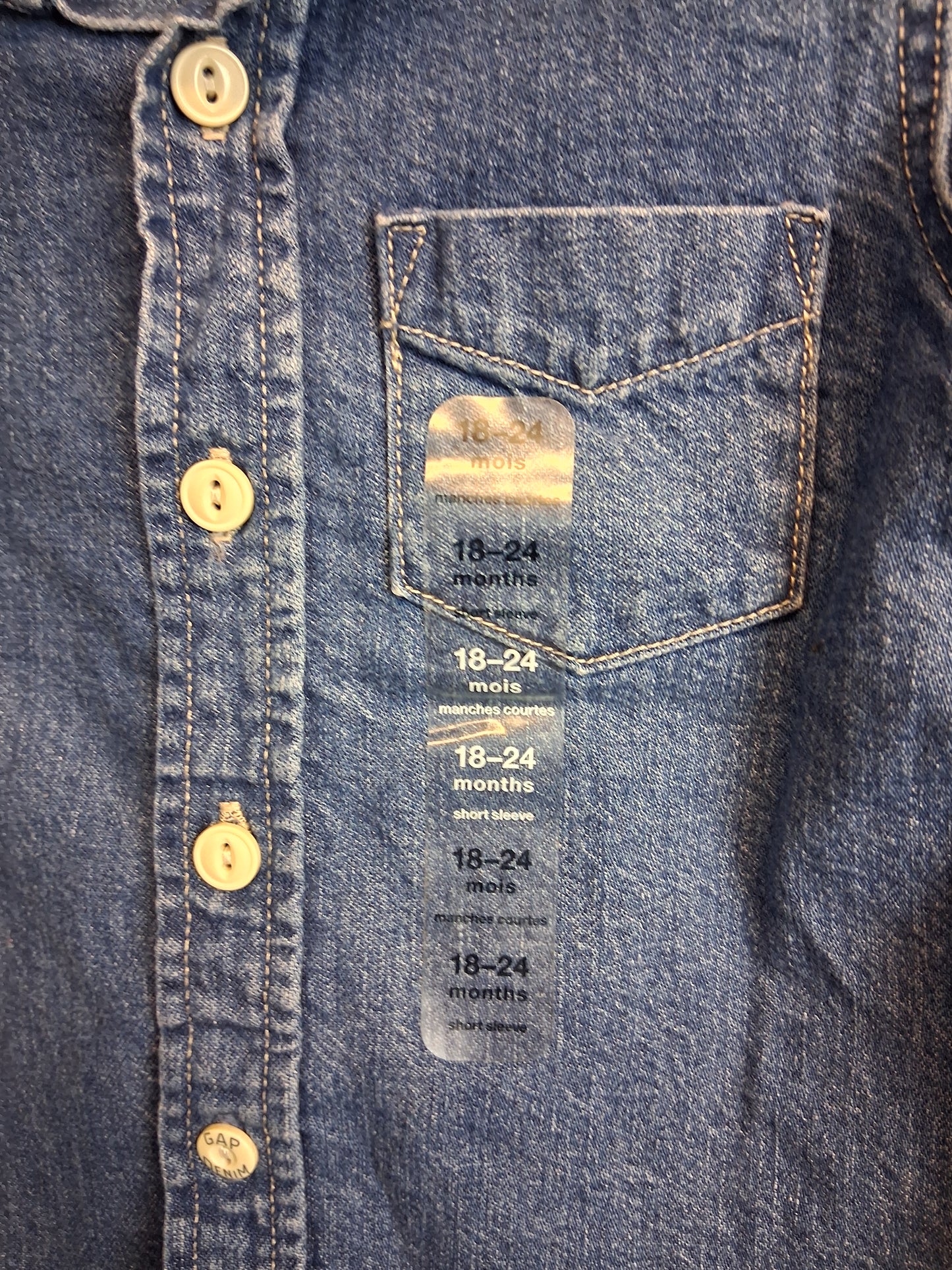 GAP Boys Blue Denim Short Sleeve Shirt Age 18-24 Months New