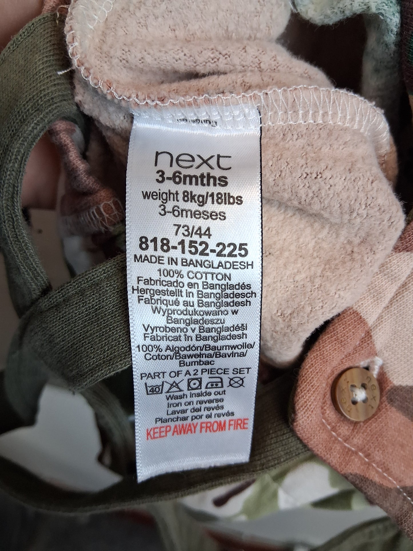 Next Boys Camoflague Jersey Dungarees Romper Age 3-6 Months