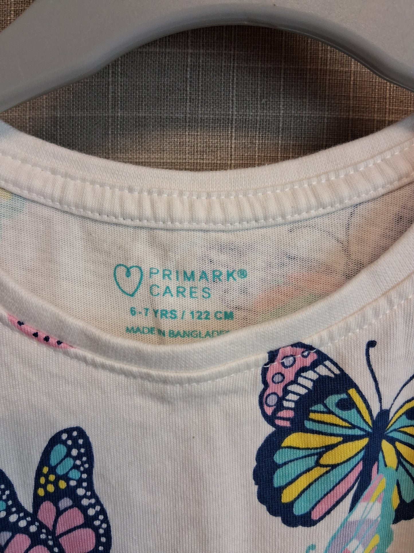 Primark Girls Butterfly T-Shirt Short Sleeve White Multicolour Age 6-7 Years