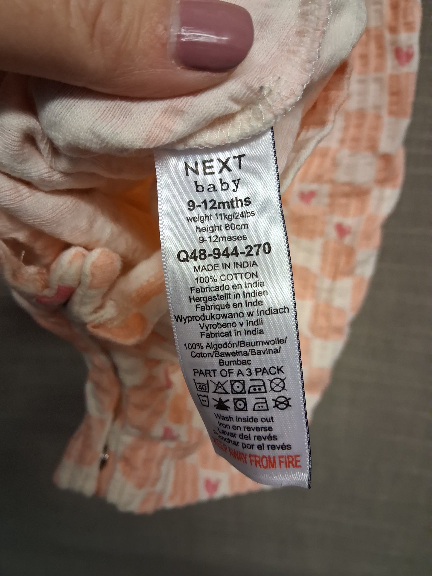 Next Girls Peach White Check Jersey Romper Age 9-12 Months