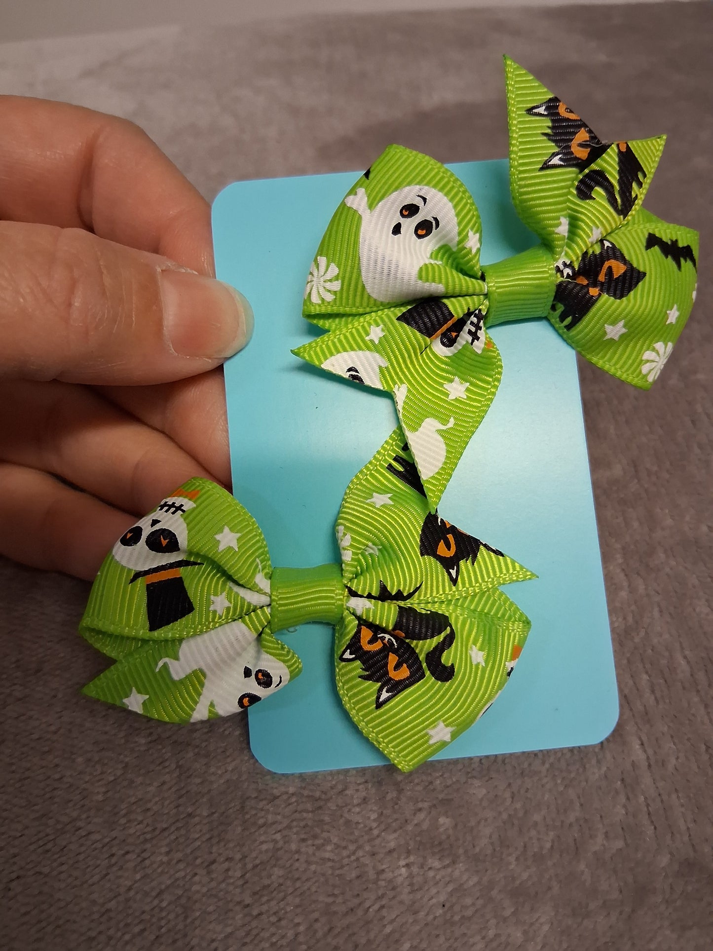 Halloween Theme Green Ghost Hair Bow Clips X2