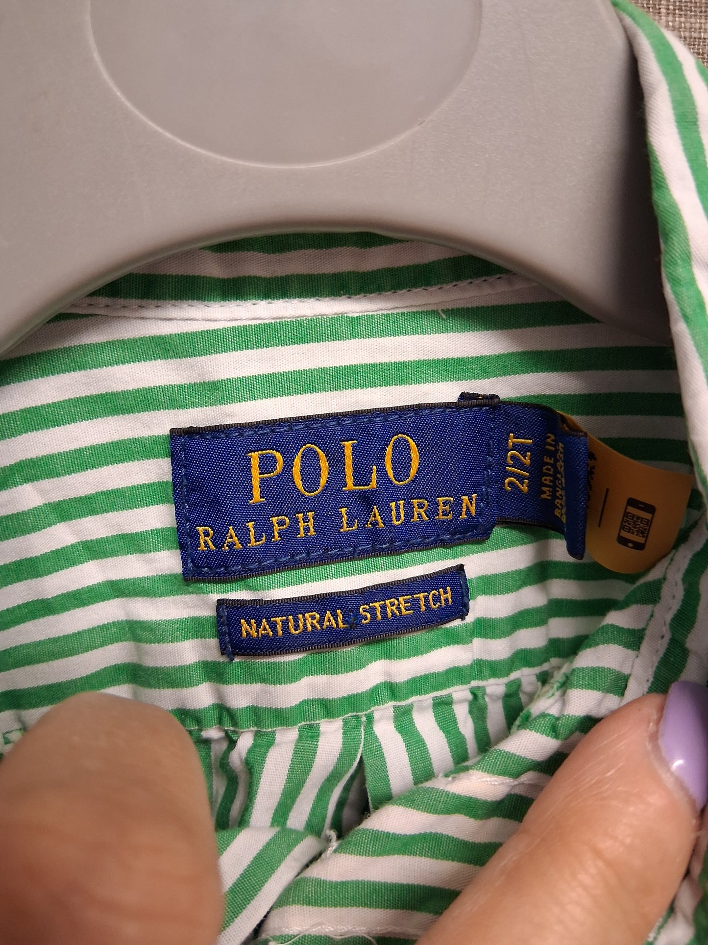 Polo Ralph Lauren Boys Green White Stripe Natural Stretch Long Sleeve Shirt Age 2 Years