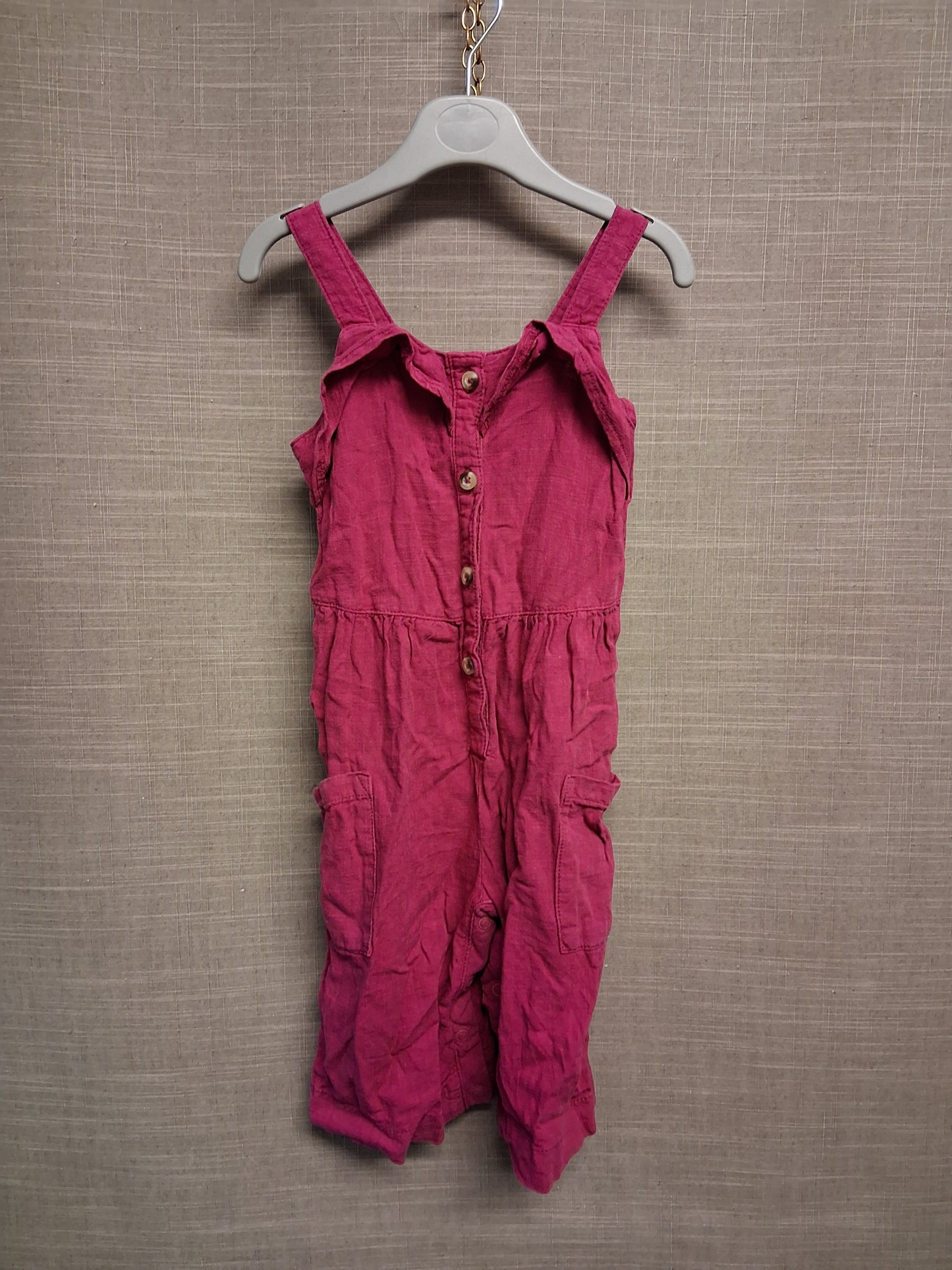 Next Girls Raspberry Red Linen Blend Dungarees Age 12-18 Months Pockets