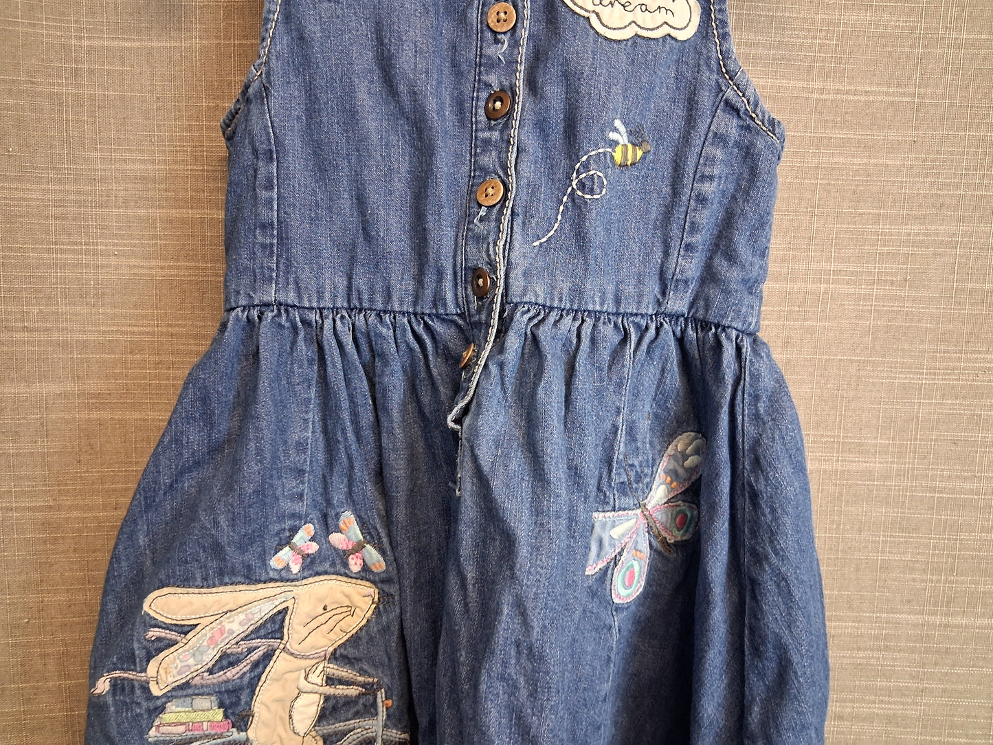 Next Girls Denim Sleeveless Dress Blue Embroidered Age 18-24 Months
