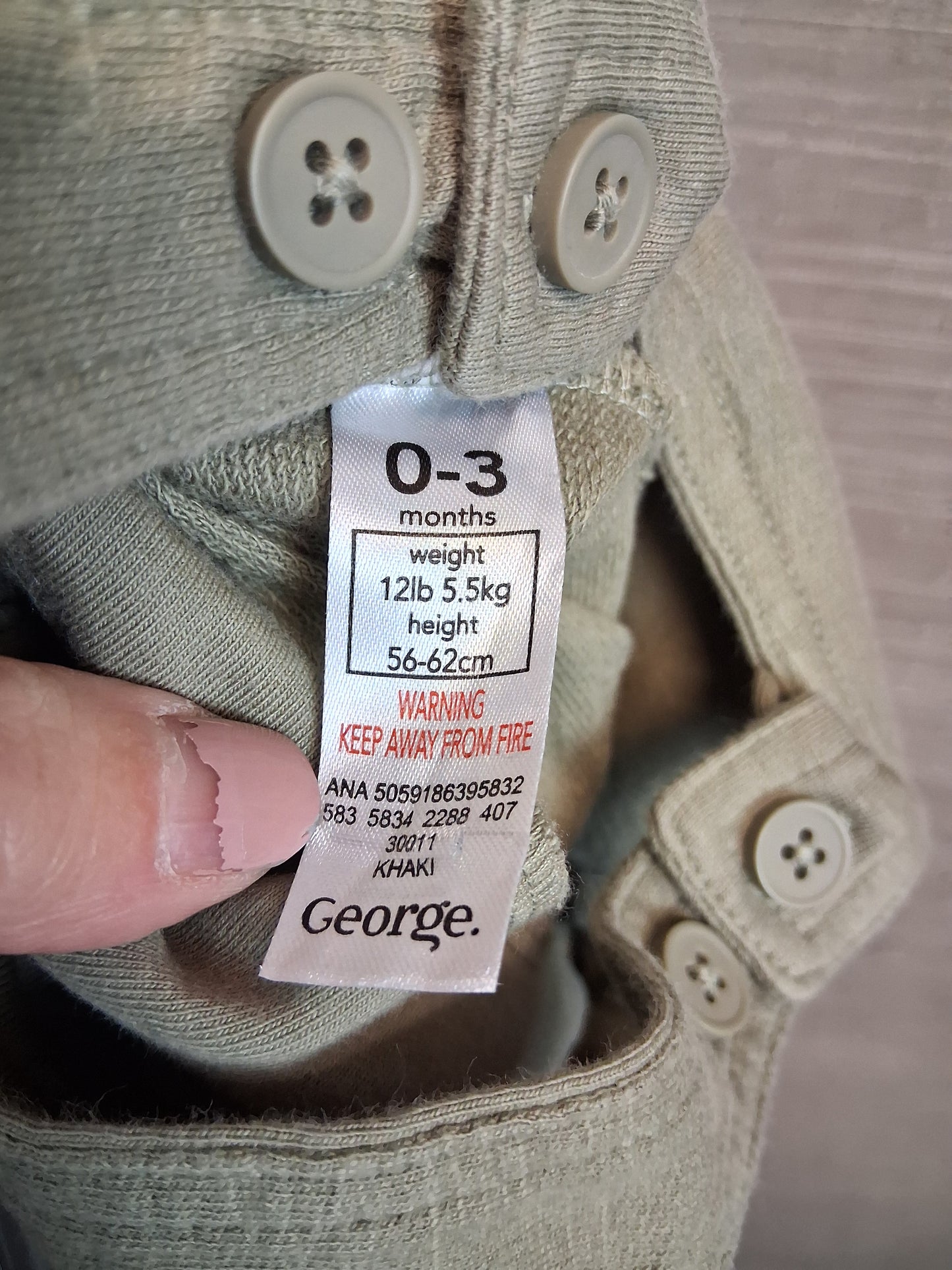 George Boy Khaki Green Jersey Dungarees Romper Age 0-3 Months