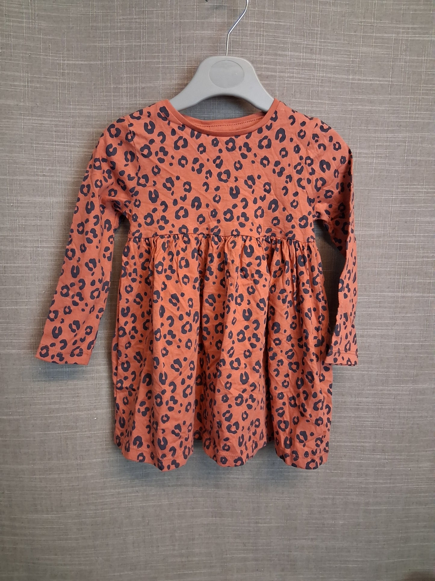 F&F Girls Orange Leopard Print Jersey Dress Long Sleeve Age 12-18 Months