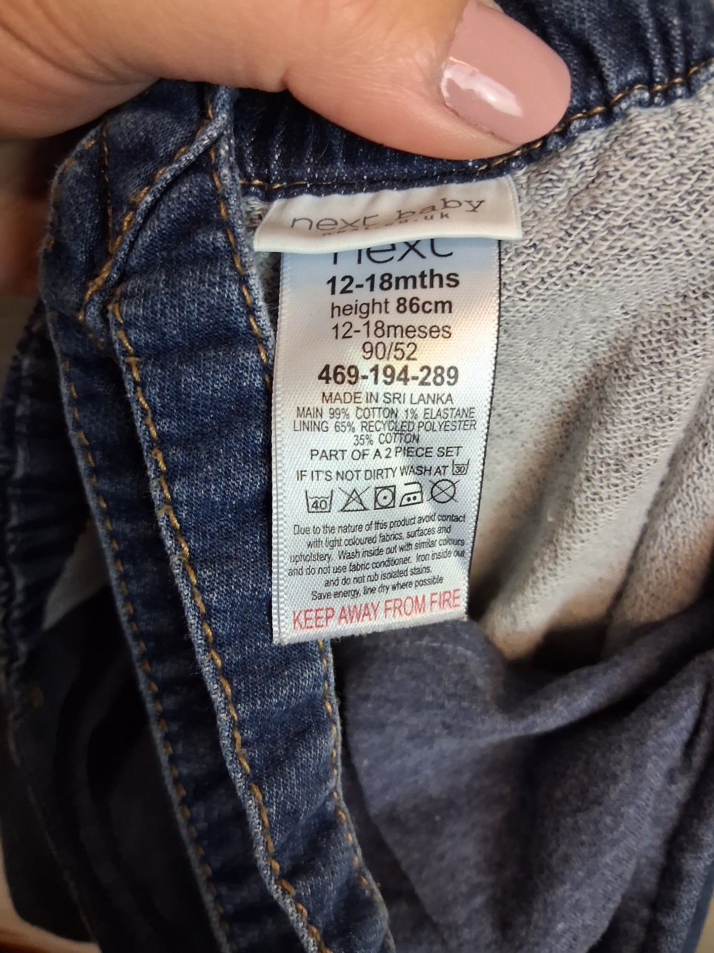 Next Boys Blue Dungarees Denim Lined Age 12-18 Months