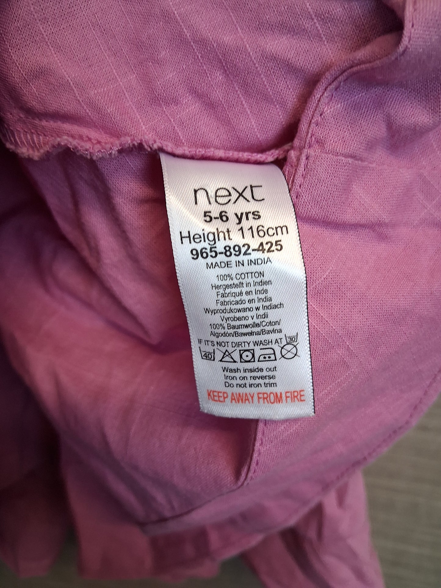Next Girls Pink A Line Tent Dress Age 5-6 Years 100% Cotton