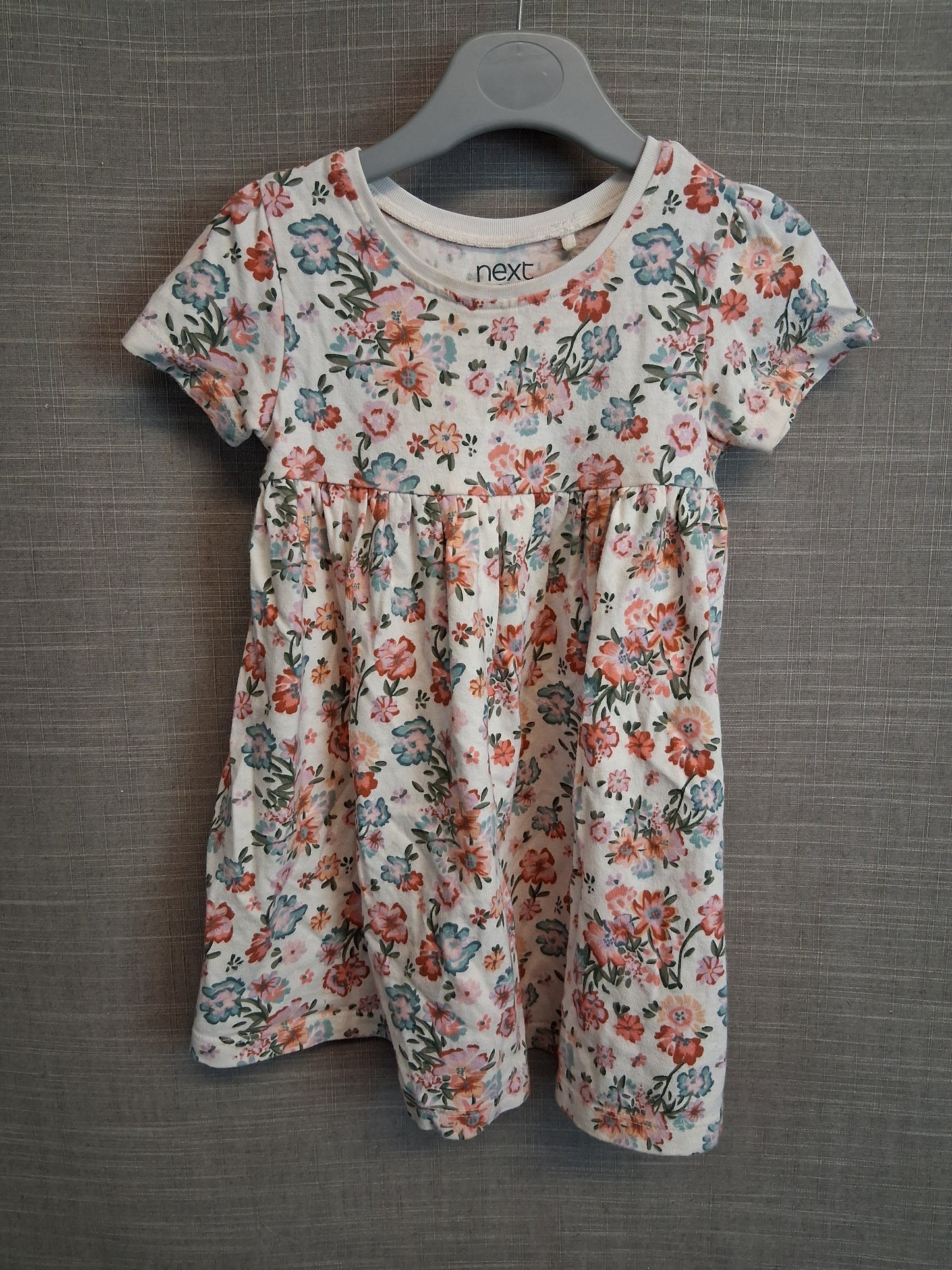 Next Girls Cream Floral Dress Short Sleeve Jersey Age 12-18 Months