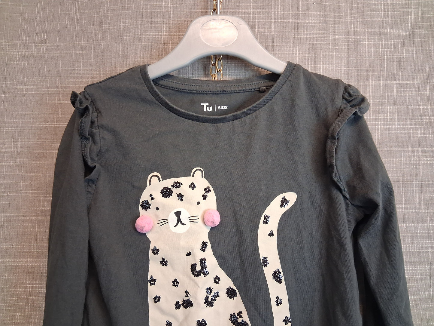 TU Girls Grey Long Sleeve Leopard T-Shirt Age 4-5 Years