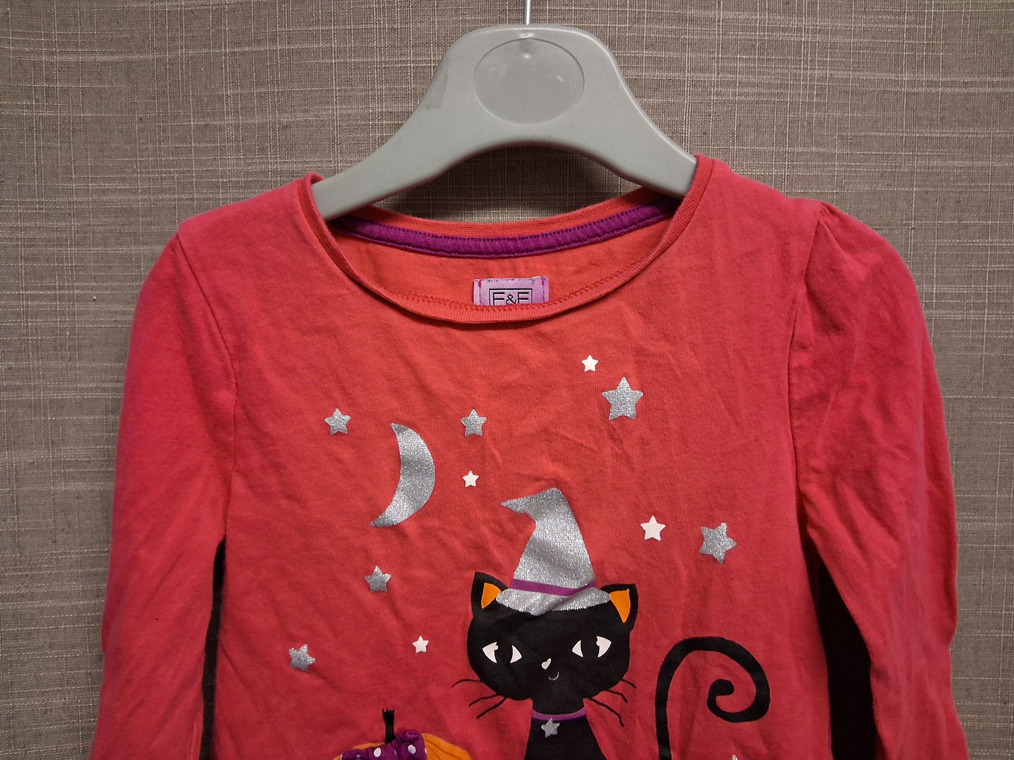 F&F Girls Halloween Pink Long Sleeve T-Shirt Black Cat Age 2-3 Years