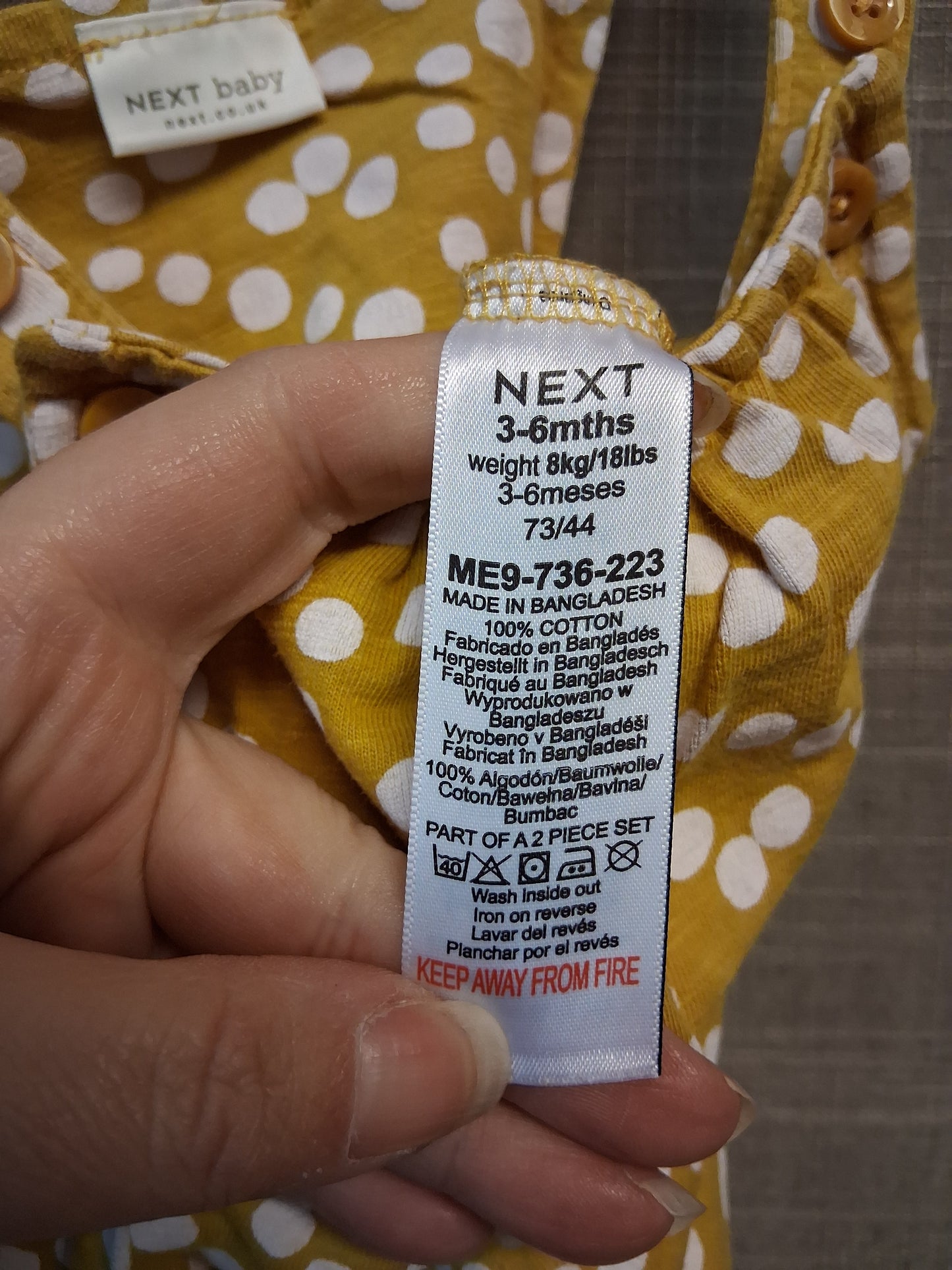 Next Girls Jersey Mustard Yellow Spotty Dungarees Romper Age 3-6 Months