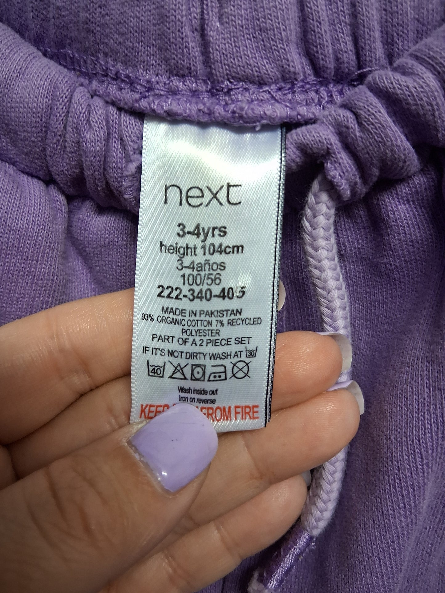 Next Girls Purple Joggers Elastic Waist Soft Elastic Drawstring Waist Age 3-4 Years