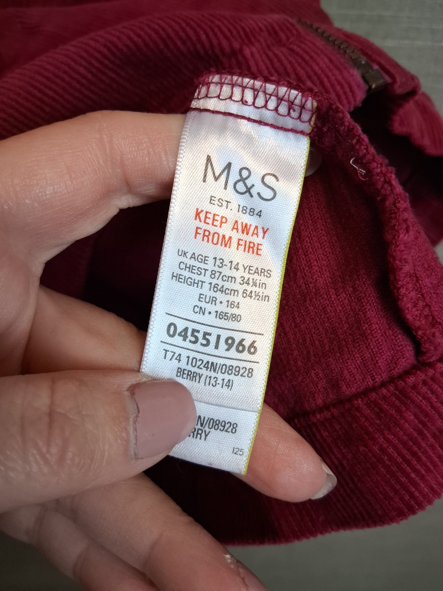 Marks and Spencer Corduroy Full Zip Burgundy Dress Age 13-14 Years