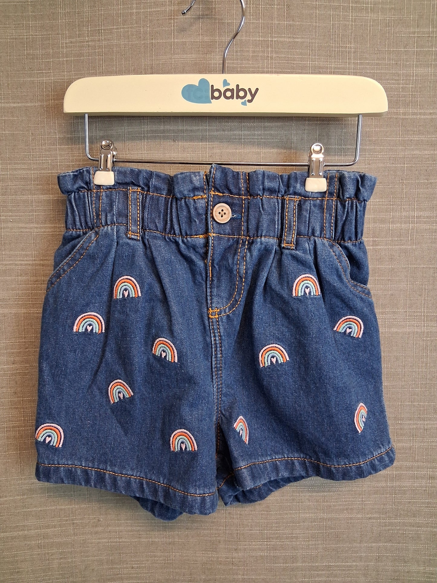 TU Girls Blue Denim Paperbag Shorts Rainbows Age 18-24 Months