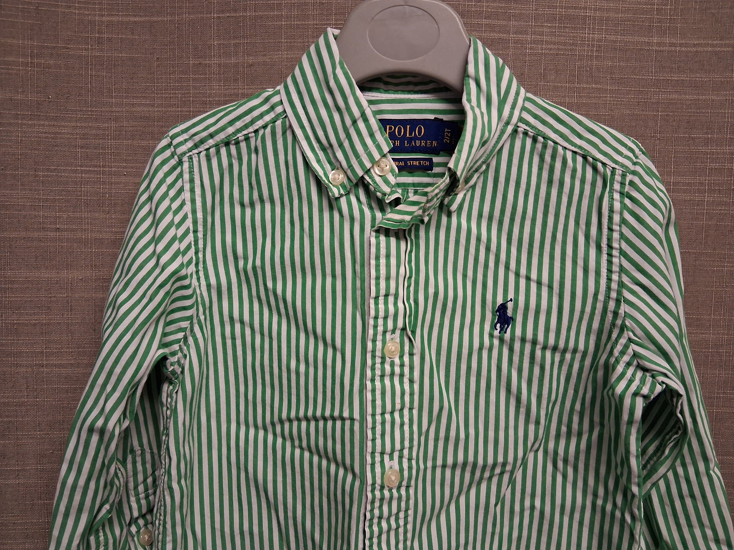 Polo Ralph Lauren Boys Green White Stripe Natural Stretch Long Sleeve Shirt Age 2 Years