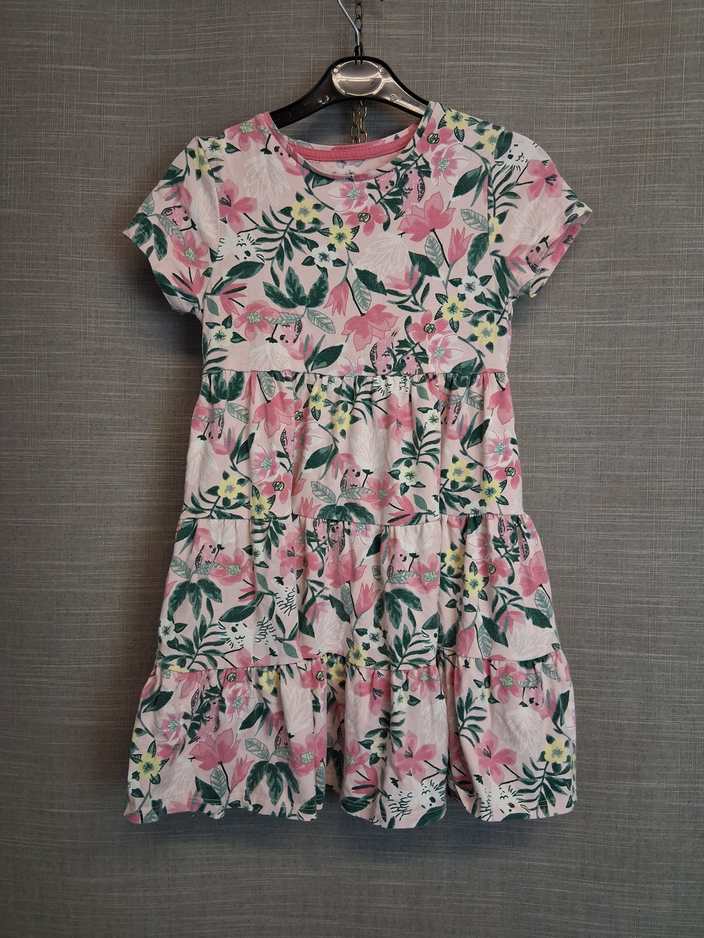F&F Girls Pink Floral Tiered Jersey Dress Age 6-7 Years